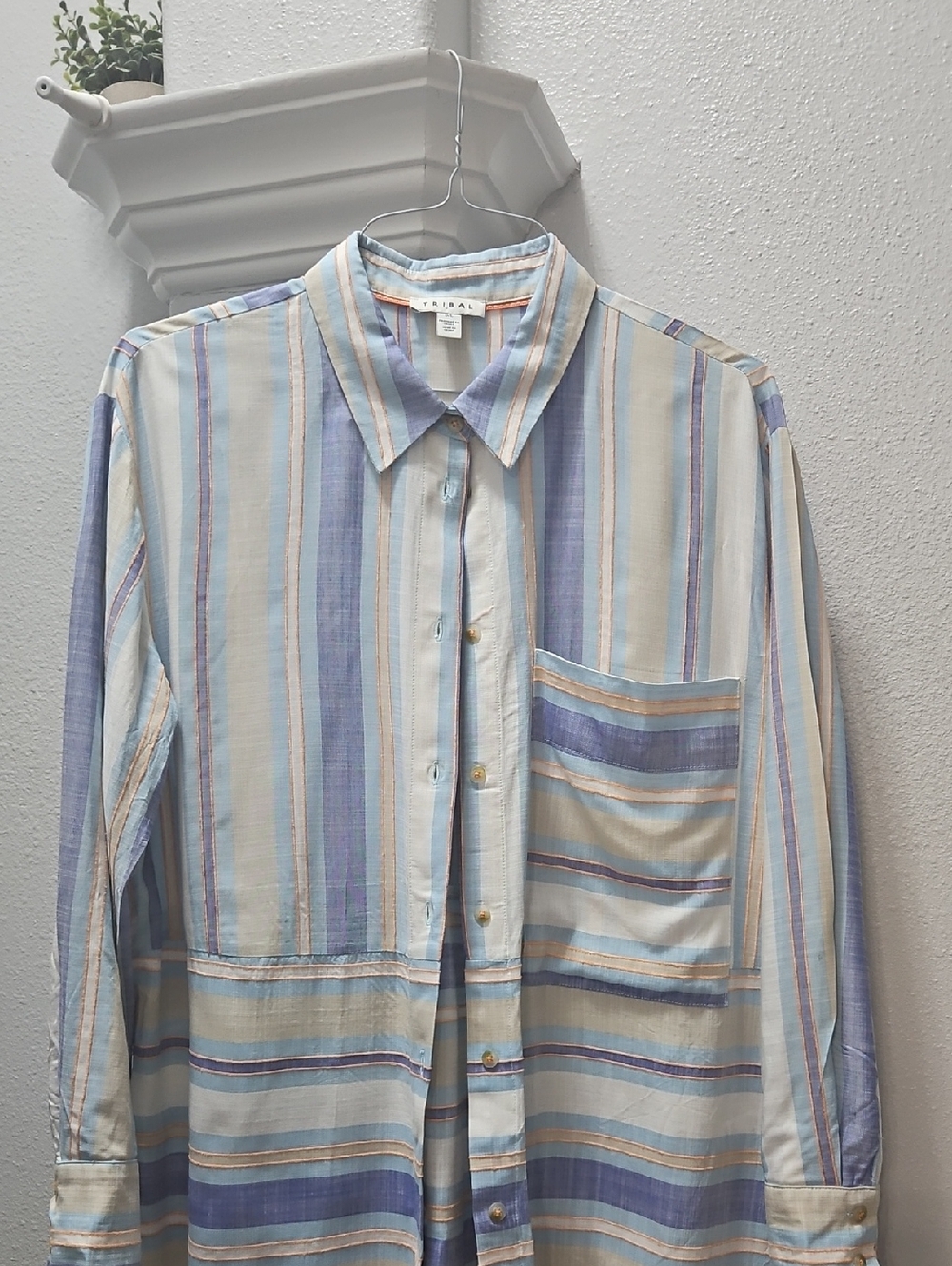 Tribal Striped Button-Down Shirt in Light Blue, Cream, Tan